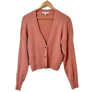 Madison Grey Cardigan XL Pink Ribbed Knit Button Front Cropped‎ Sweater